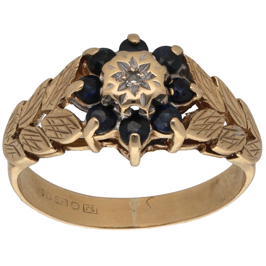 9ct Gold Sapphire & 0.005ct Diamond Cluster Ring Size L
