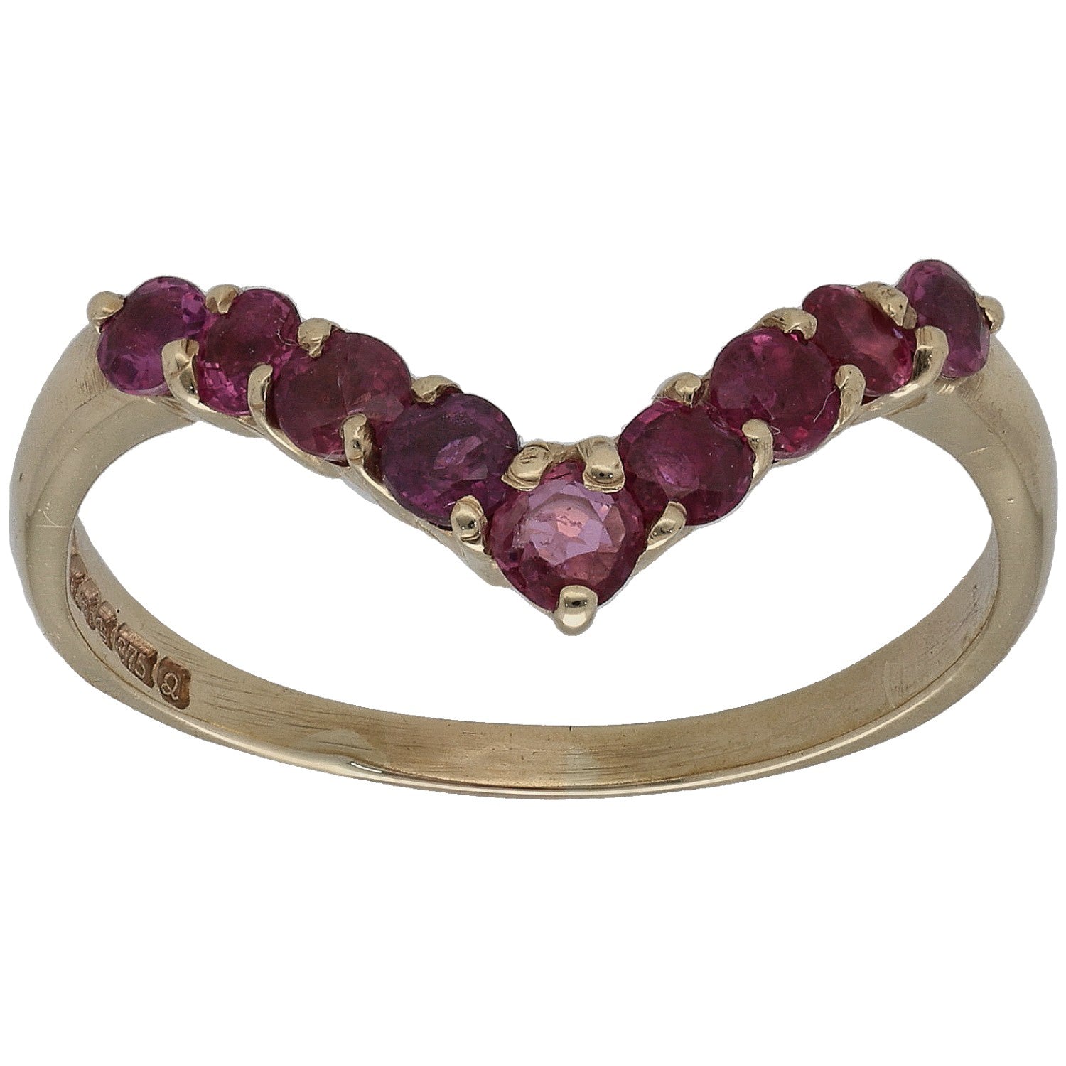 9ct gold wishbone ring with five prong-set ruby stones in a heart cluster