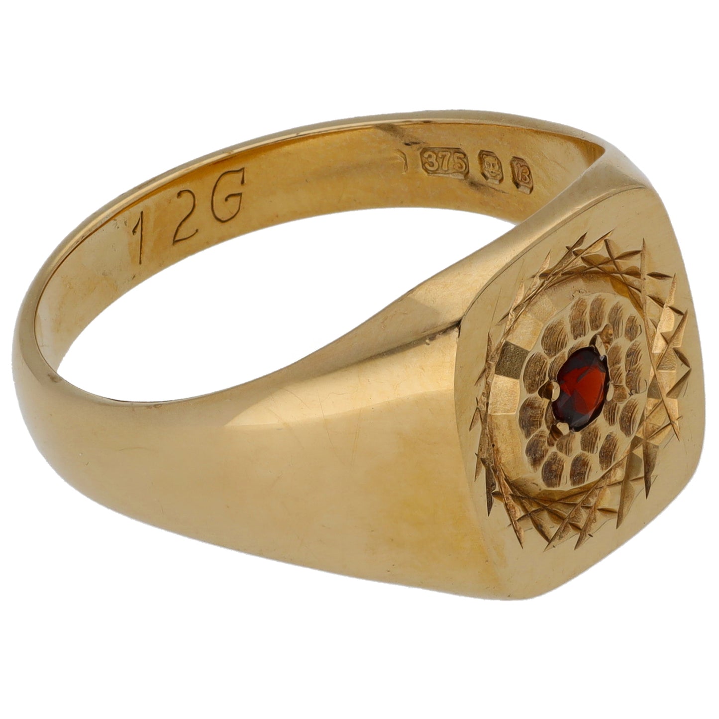 9ct Gold Garnet Single Stone Patterned Signet Ring Size U