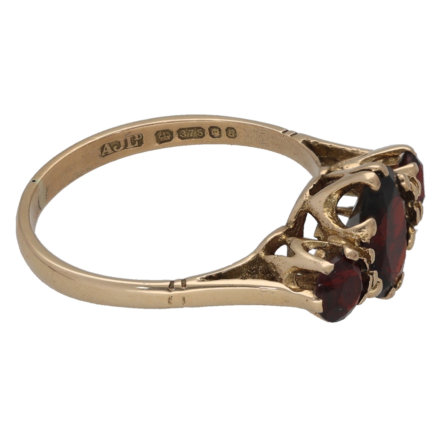 9ct Gold Garnet Trilogy Ring Size M