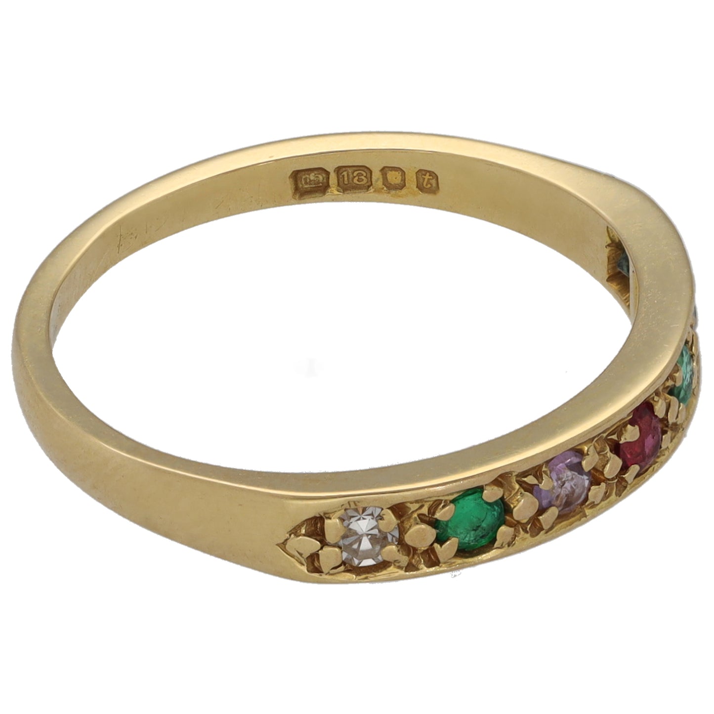 18ct Gold 0.03ct Diamond, Emerald, Amethyst, Ruby, Sapphire & Tourmaline Half Eternity Ring Size M