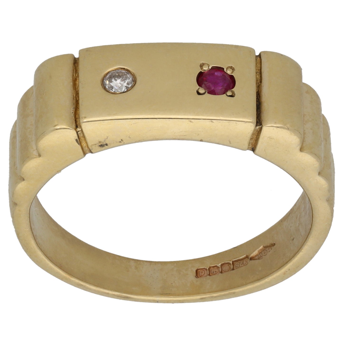 9ct Gold Ruby & Cubic Zirconia Patterned Signet Ring Size S