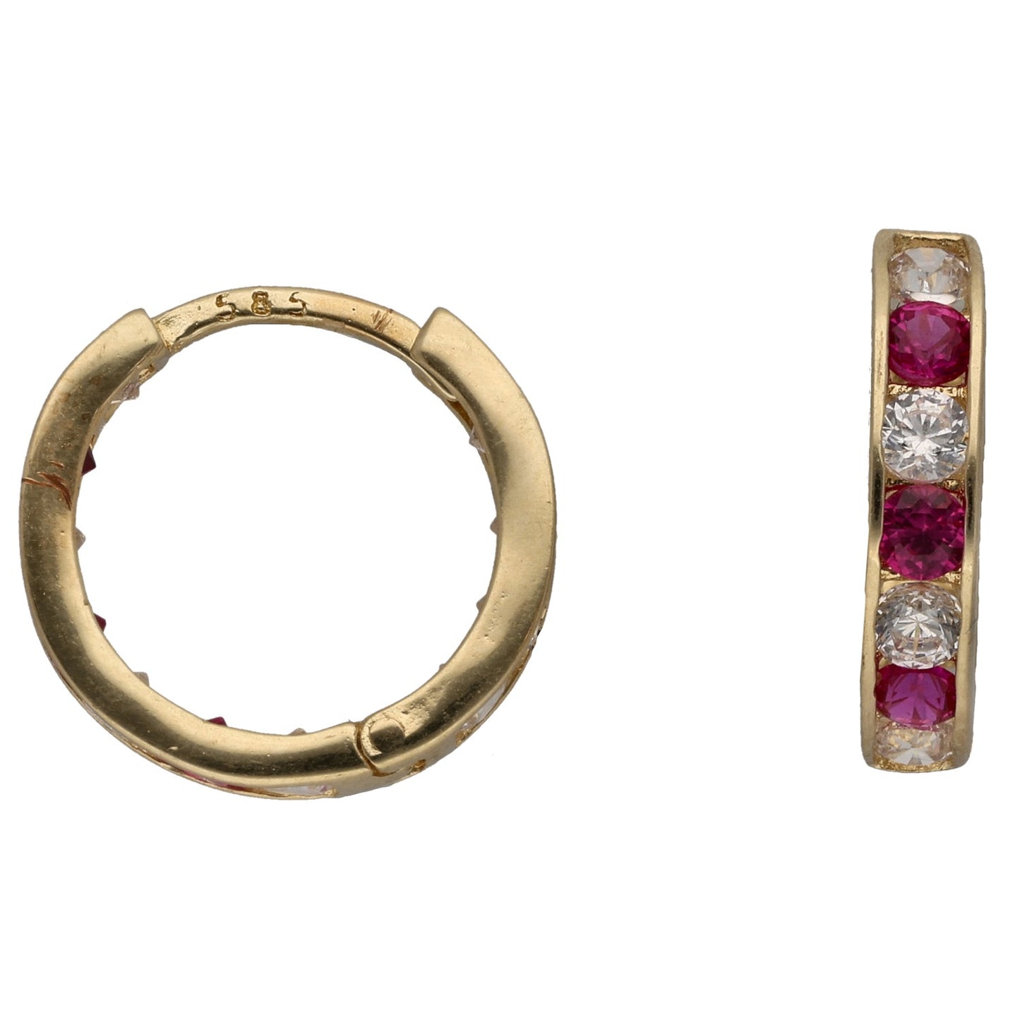 Gold-tone hoop earrings with purple and clear gem accents