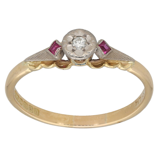 18ct Bi-Colour Gold Ruby & 0.02ct Diamond Three Stone Ring Size R