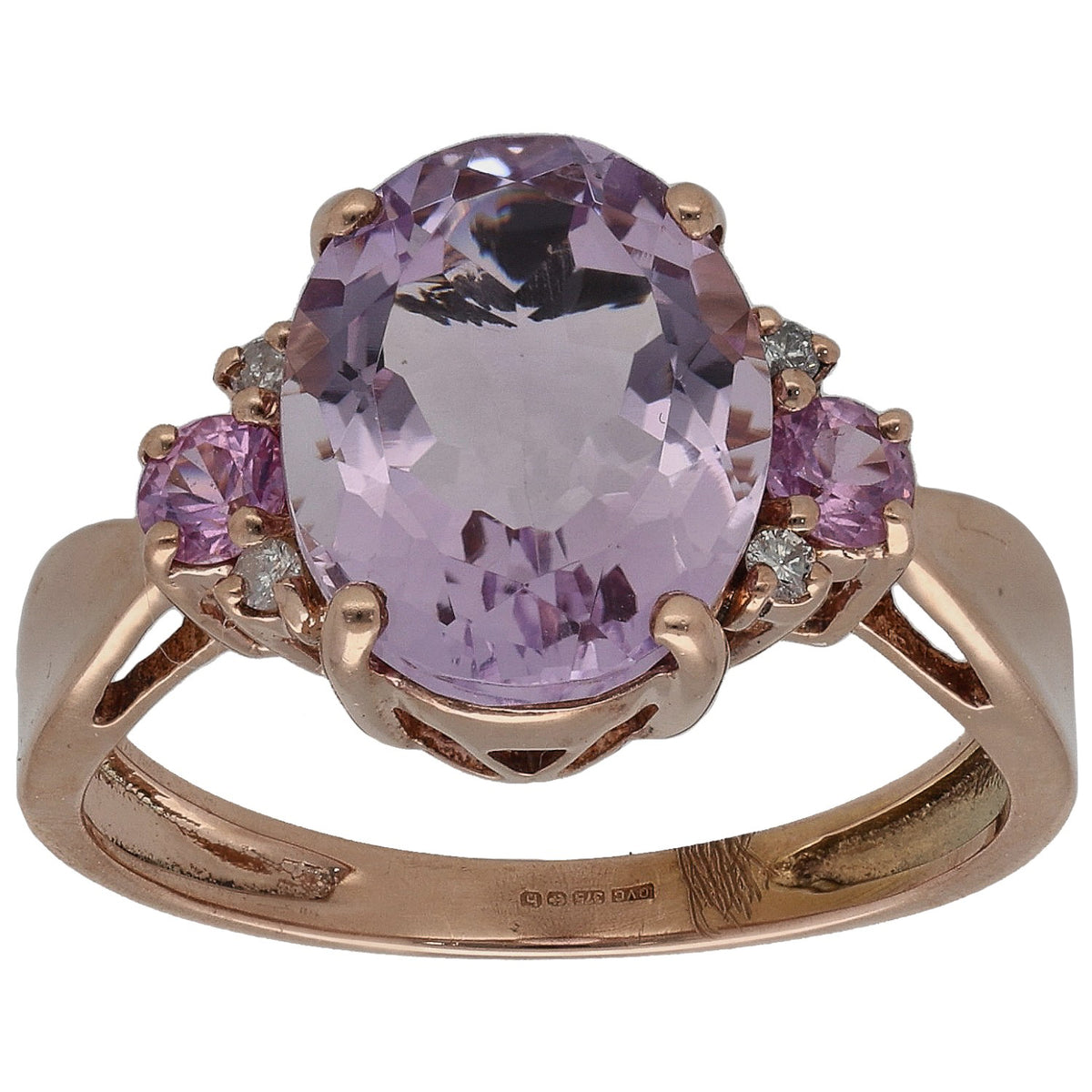 Rose gold amethyst cocktail ring, oval center with purple side stones