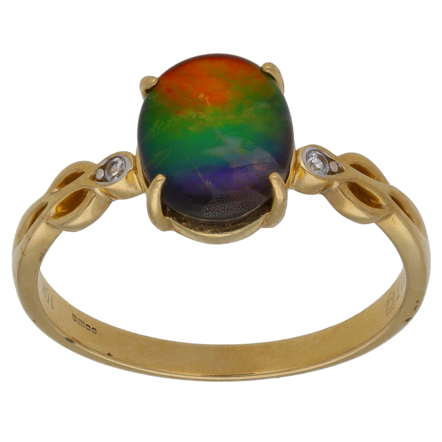 9ct Gold Ammolite & Imitation Gems Three Stone Ring Size R