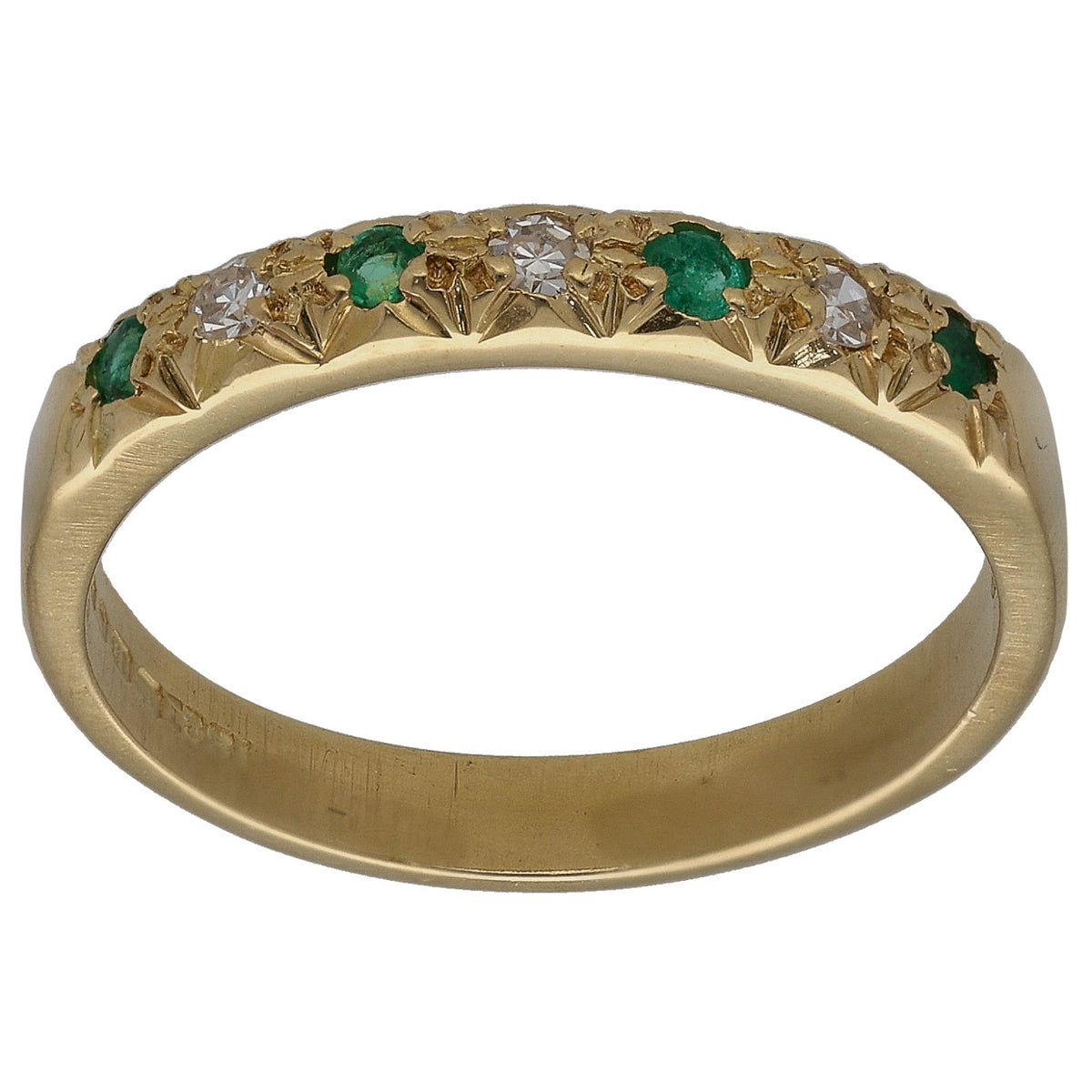 18ct gold half eternity ring with round emerald and diamond accents