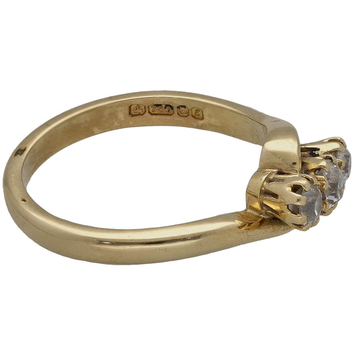 Gold ring band with hallmark stamp and prong-set round diamond, side view