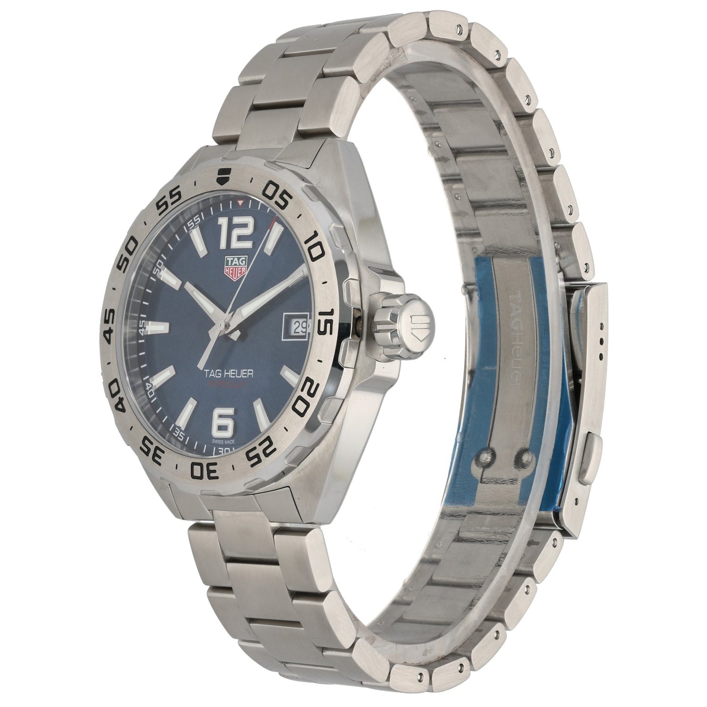 Tag Heuer Formula 1 WAZ1118, housing a blue dial in a 41mm stainless steel case. front angled image