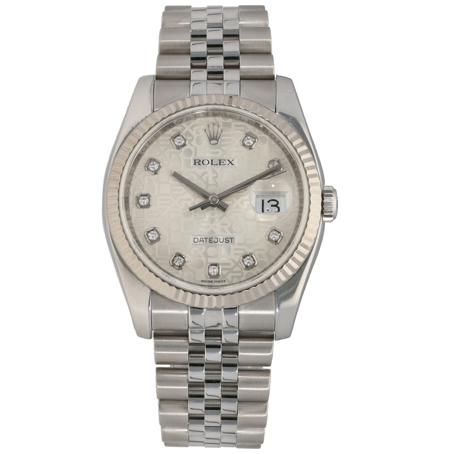 Rolex Datejust 116234 stainless steel watch with diamond bezel, light dial, date window