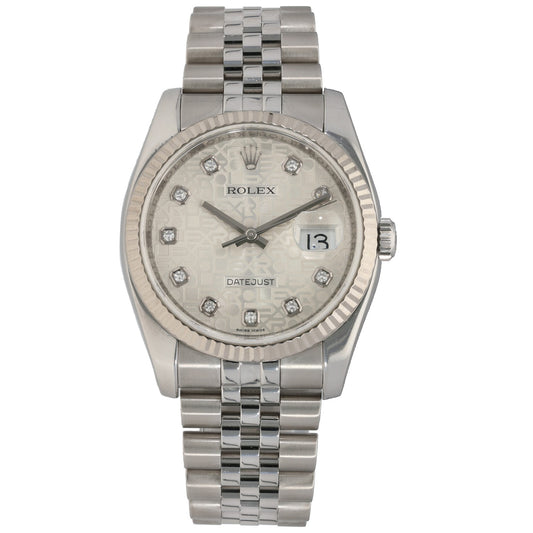 Rolex Datejust 116234 stainless steel watch with diamond bezel, light dial, date window