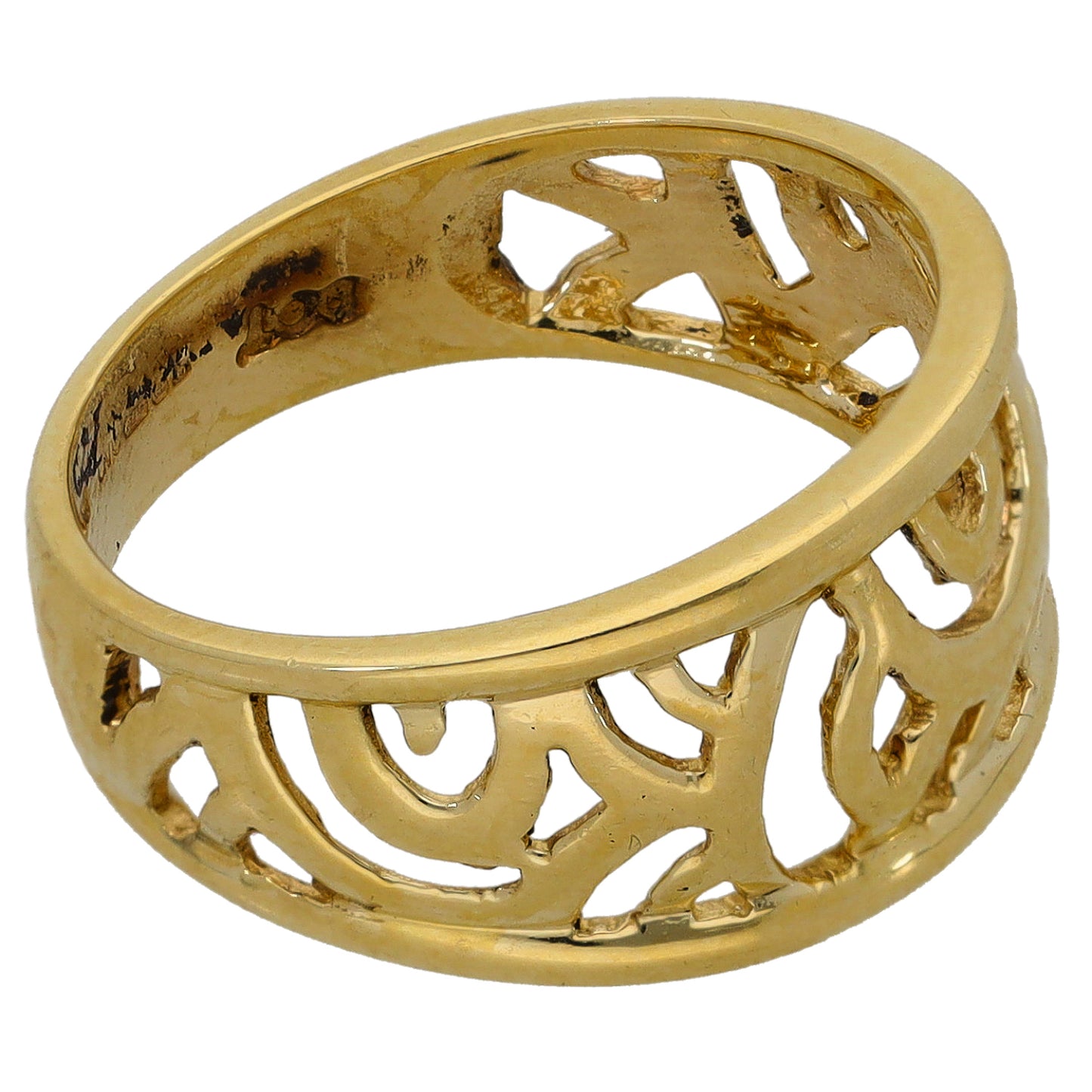 Gold-tone openwork ring with repeating cutout motifs on band