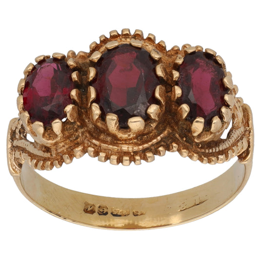 9ct Gold Garnet Three Stone Ring Size M
