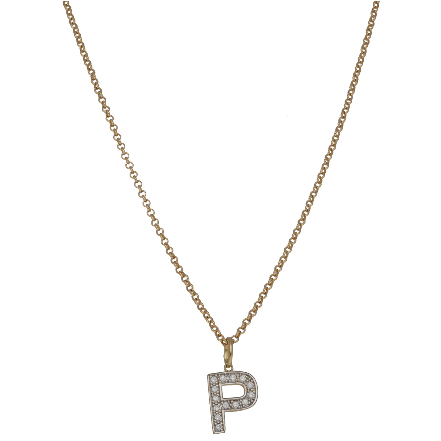 9ct gold CZ initial P pendant on chain with sparkle stone detailing