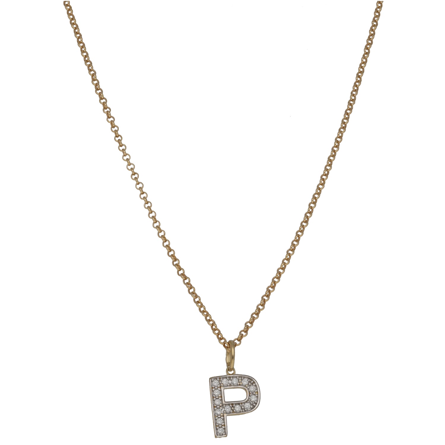 9ct gold CZ initial P pendant on chain with sparkle stone detailing