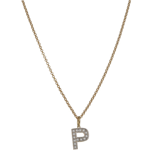 9ct gold CZ initial P pendant on chain with sparkle stone detailing