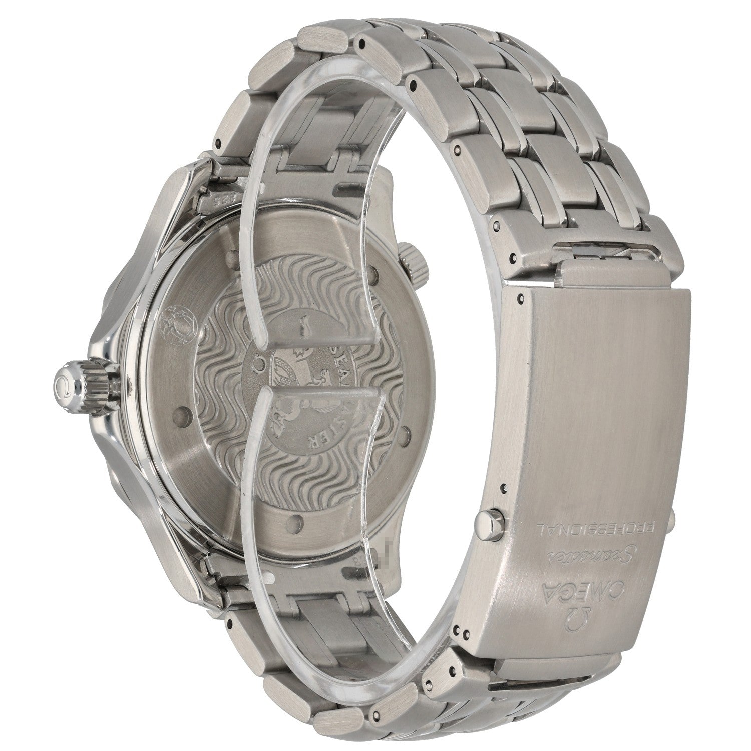 Omega Seamaster 2531.80.00,  Chronometre watch in a stainless steel case, with a blue dial and bezel, rear facing image
