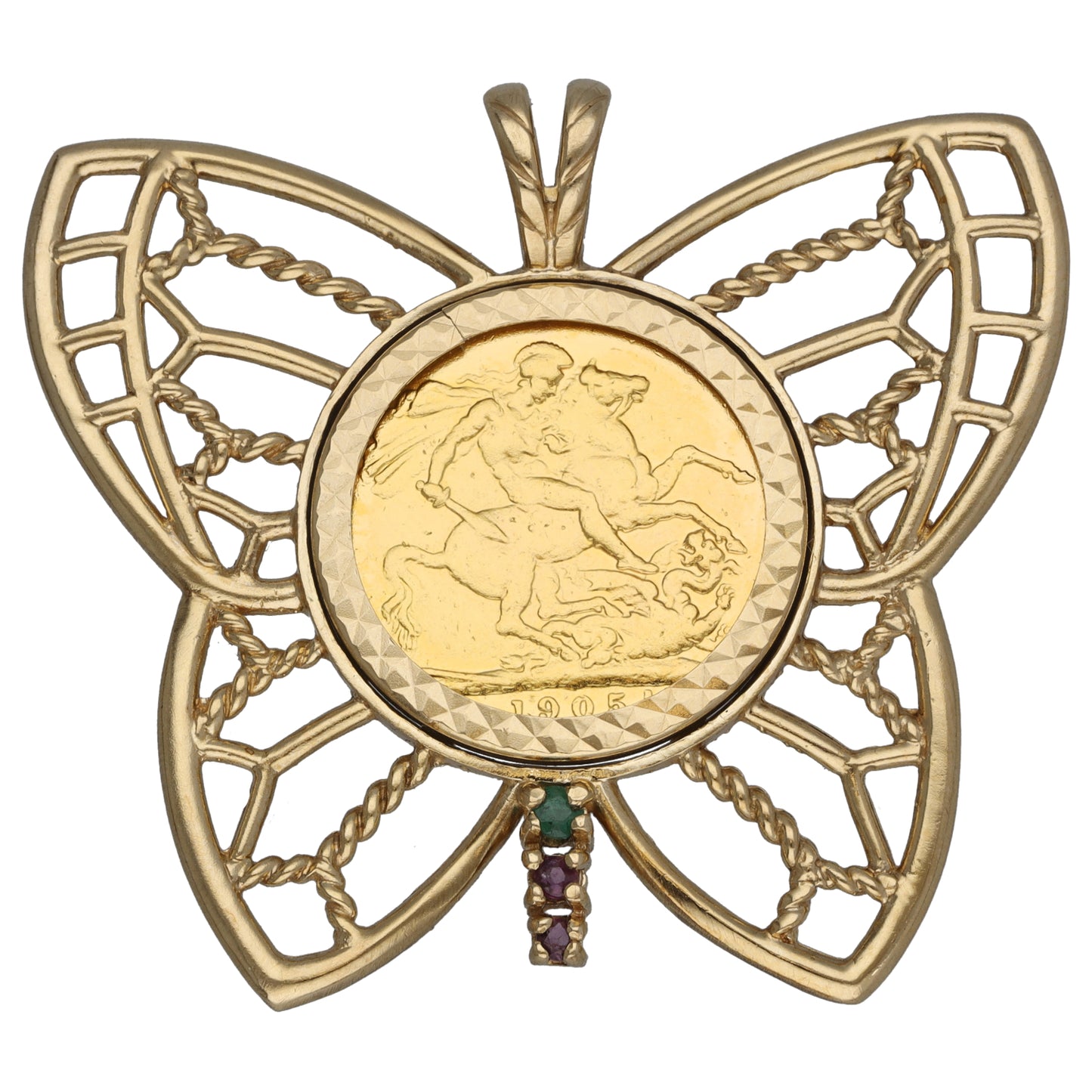 9ct Gold Emerald & Ruby Coin Pendant