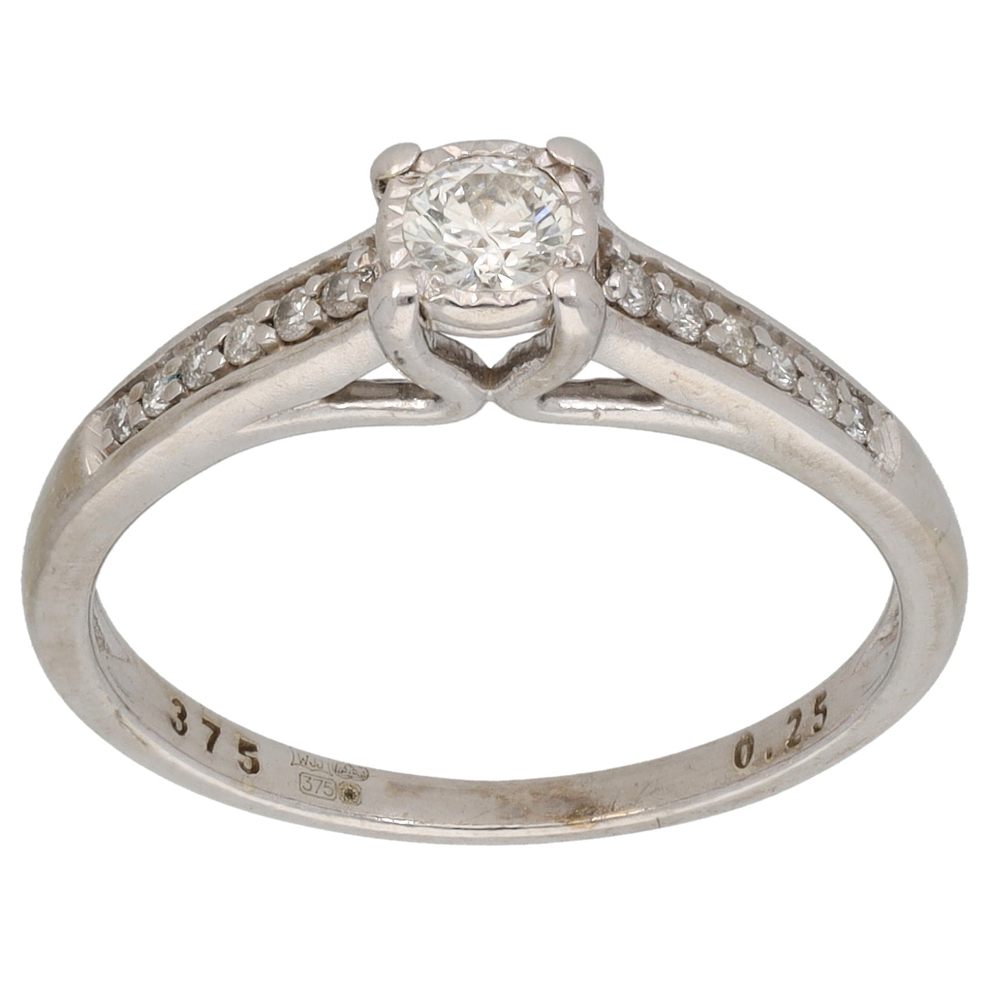 9ct White Gold 0.25ct Diamond Solitaire Ring With Accent Stones Size O