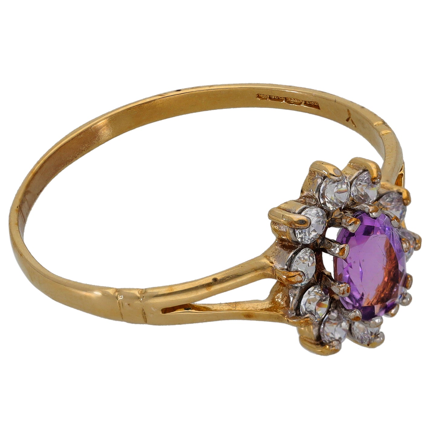 9ct Gold Amethyst & Cubic Zirconia Cluster Ring Size Y