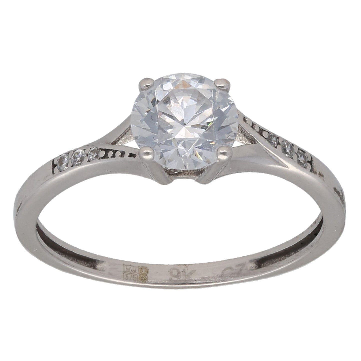 9ct White Gold Cubic Zirconia Single Stone Ring With Accents Size M