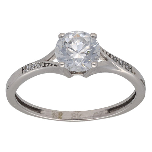 9ct White Gold Cubic Zirconia Single Stone Ring With Accents Size M