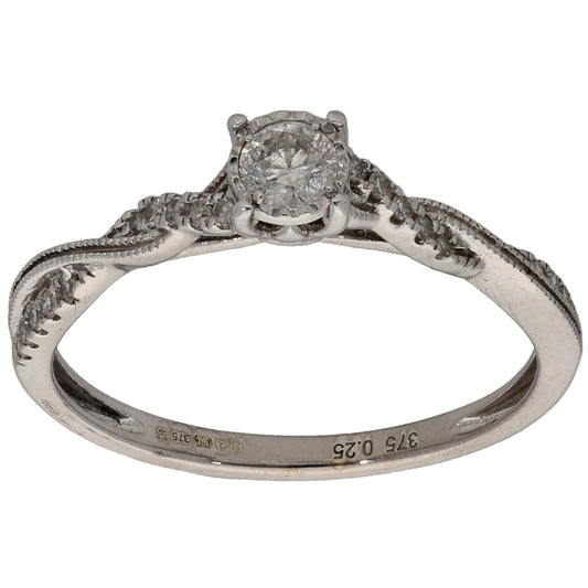 9ct White Gold 0.25ct Diamond Solitaire Ring With Accent Stones Size N