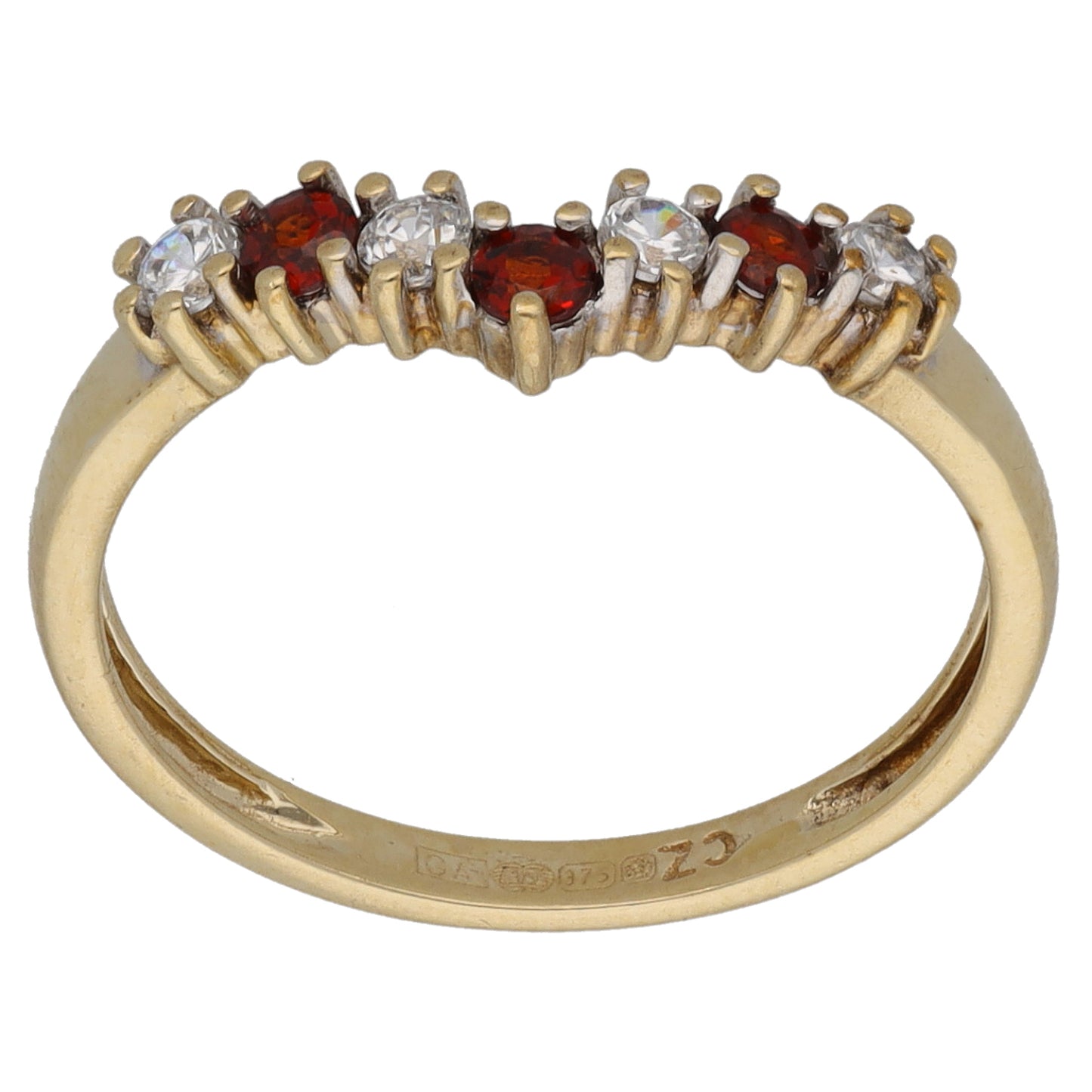 9ct Gold Garnet & Cubic Zirconia Wishbone Ring Size L