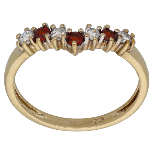 9ct Gold Garnet & Cubic Zirconia Wishbone Ring Size L
