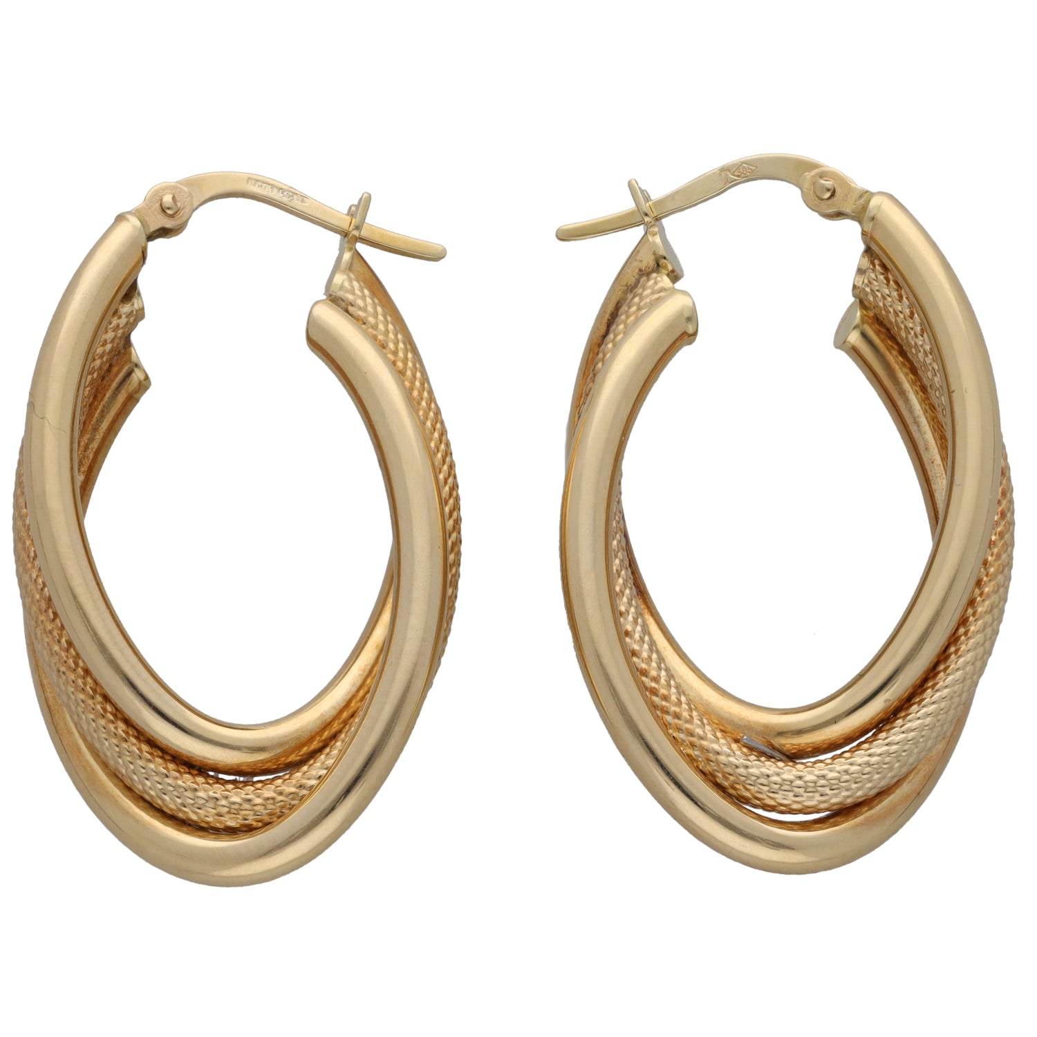 Gold creole hoop earrings with textured lower detail and clasp back