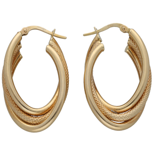 Gold creole hoop earrings with textured lower detail and clasp back
