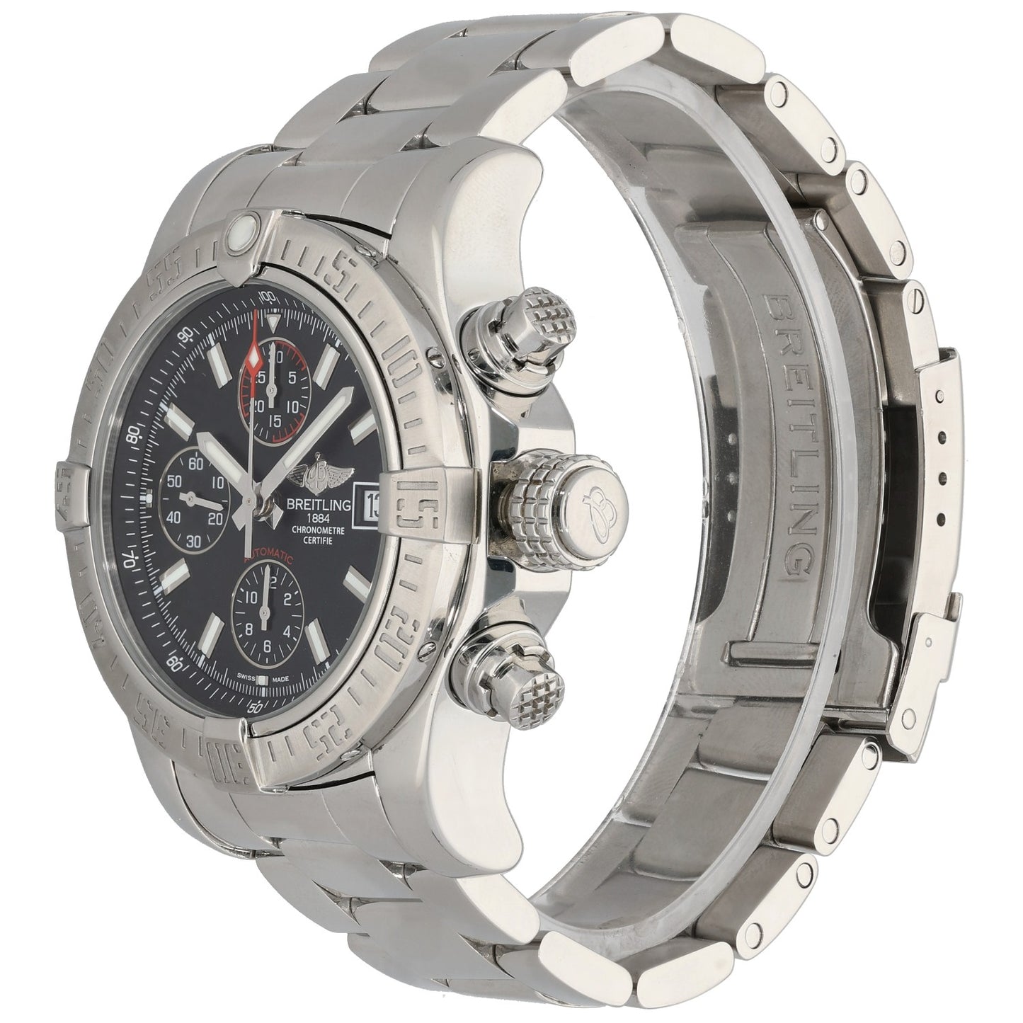 Breitling Avenger II A13381 Stainless steel wristwatch case side view with crown pushers and dark dial