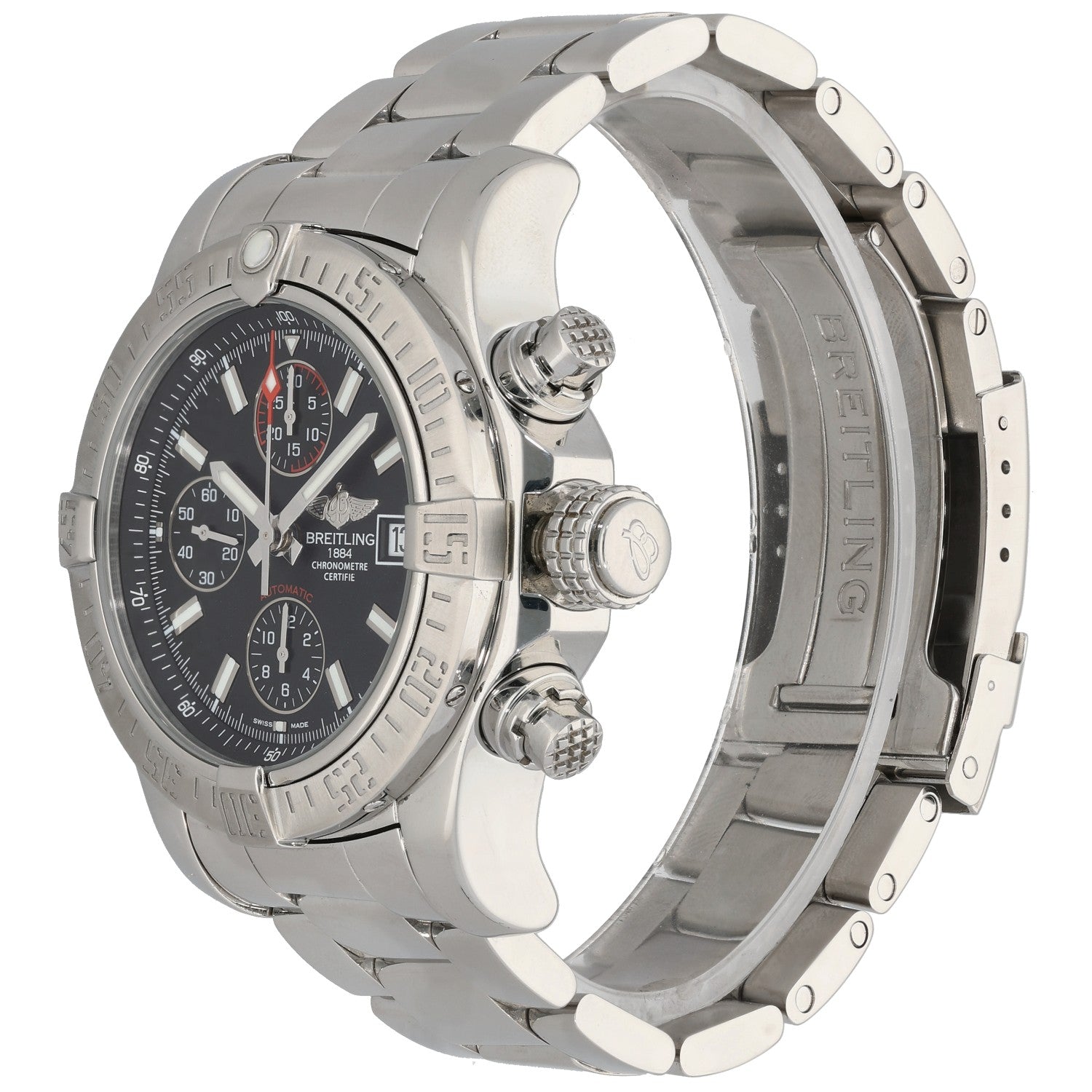 Breitling Avenger II A13381 Stainless steel wristwatch case side view with crown pushers and dark dial