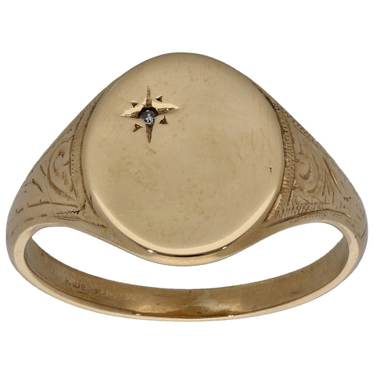 9ct Gold 0.01ct Diamond Patterned Single Stone Signet Ring Size O