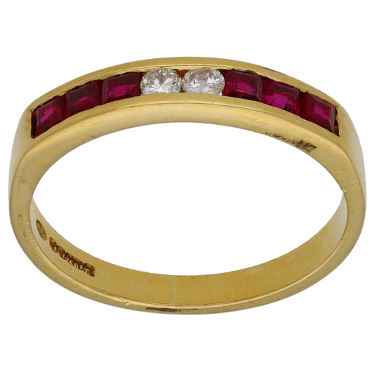 18ct Gold Glass Filled Ruby & 0.08ct Diamond Half Eternity Ring Size M
