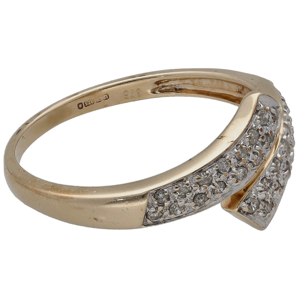 9ct gold diamond cocktail ring, round pave stones along a curved chevron setting
