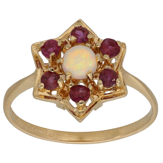 9ct Gold Ruby & Opal Cluster Ring Size P