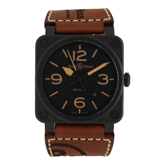 Bell & Ross BR03 BR03-92, black ceramic case, brown leather strap