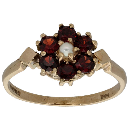 9ct Gold Garnet & Cultured Pearl Dress/Cocktail Ring Size N