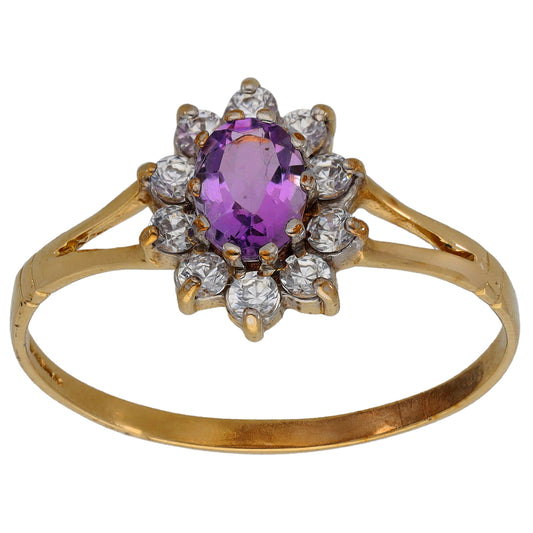 9ct Gold Amethyst & Cubic Zirconia Cluster Ring Size Y