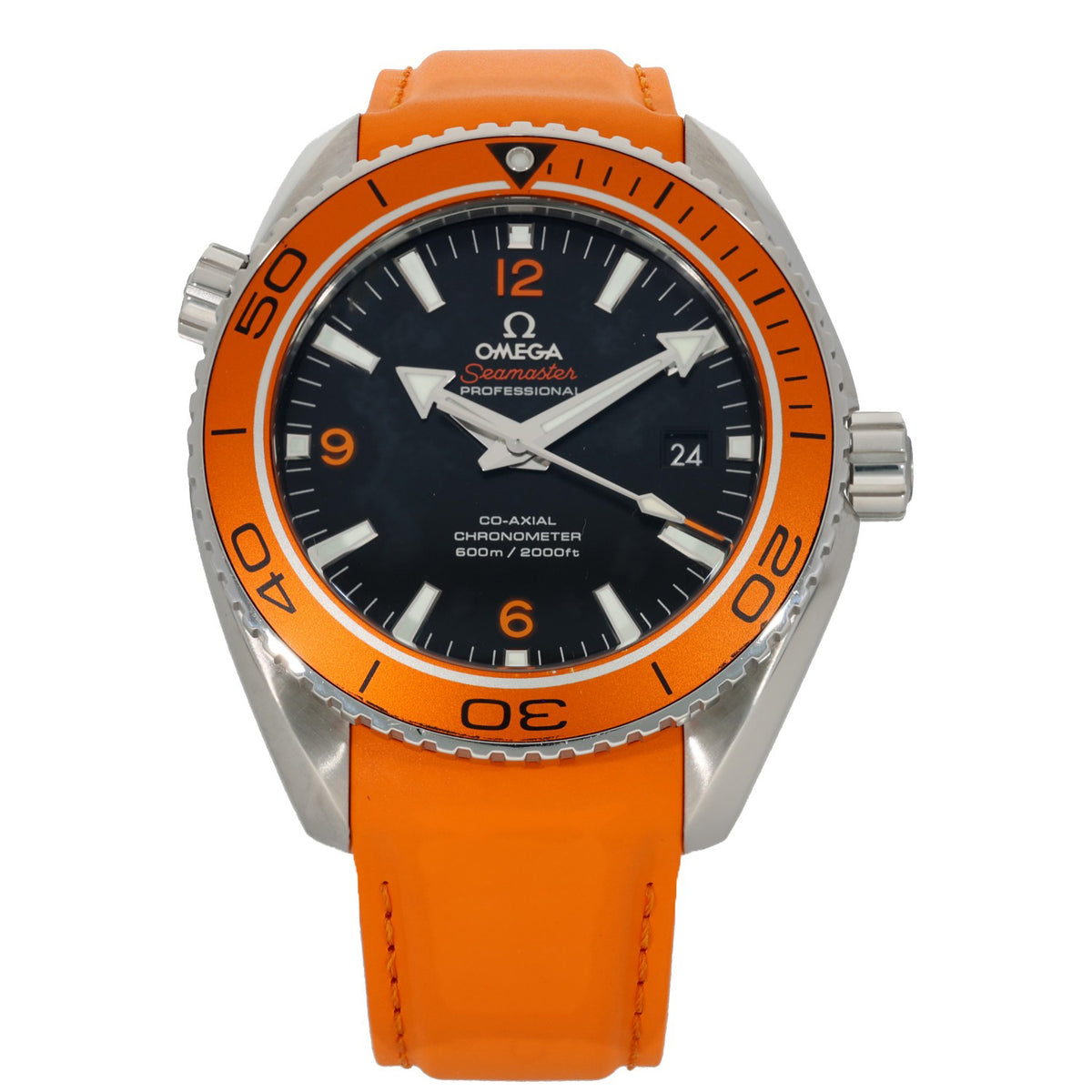 Omega Planet Ocean 232.32.46.21.01.001, black dial with 45.5mm stainless steel case and orange rubber bracelet