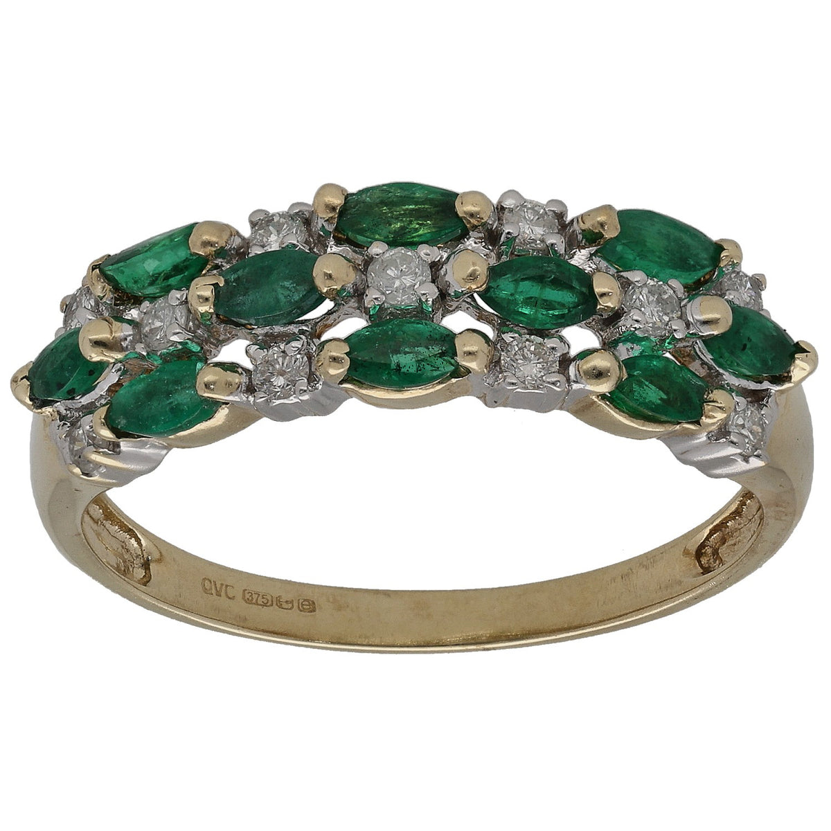 9ct gold half eternity ring with emerald green stones and round diamond clusters