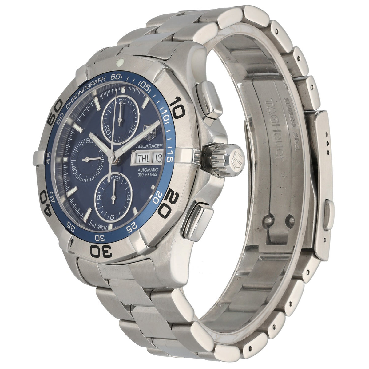 Tag Heuer Aquaracer CAF2012, with blue dial in 43mm stainless steel case and link bracelet, front angle