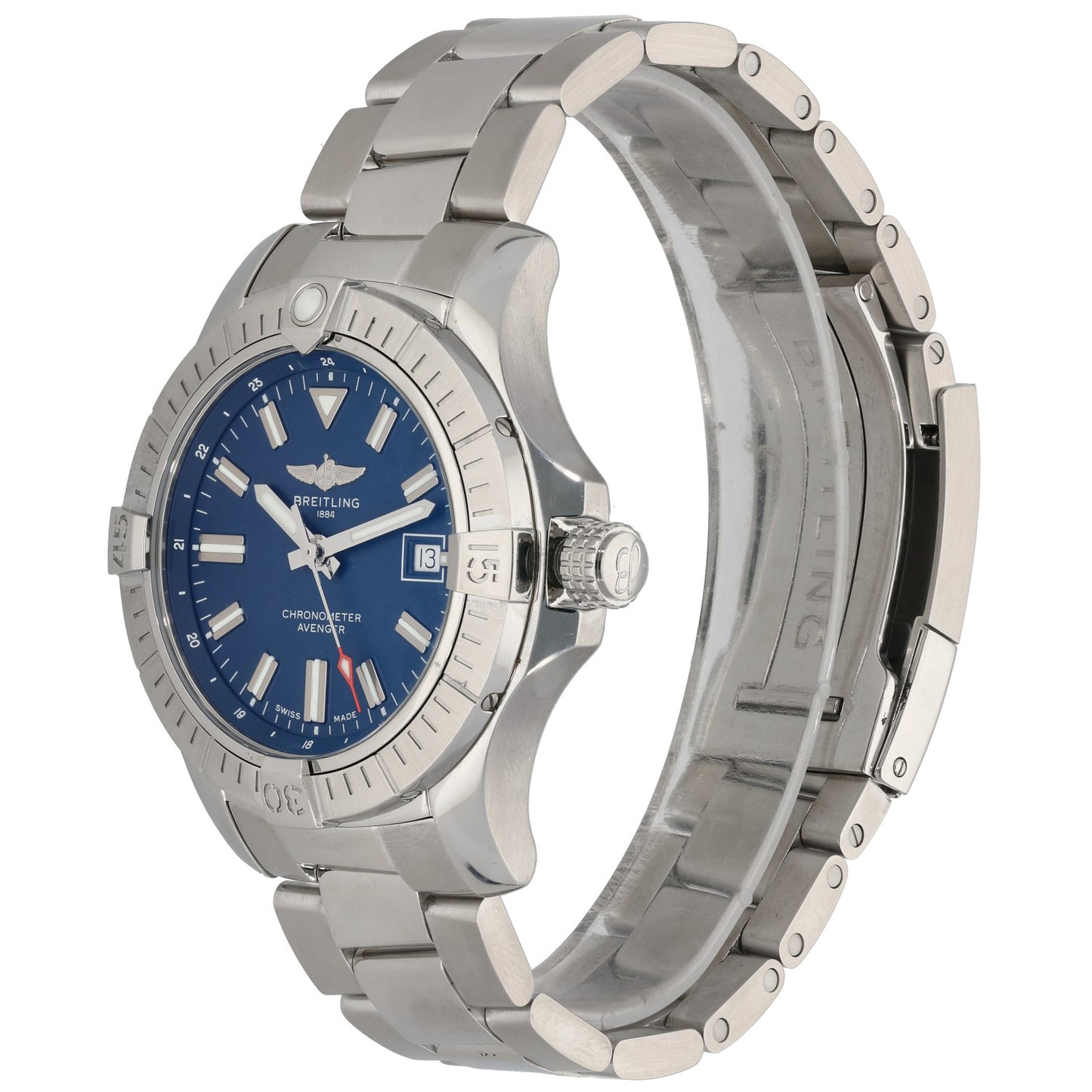 Stainless steel Breitling Avenger watch with blue dial, crown side view, steel link bracelet