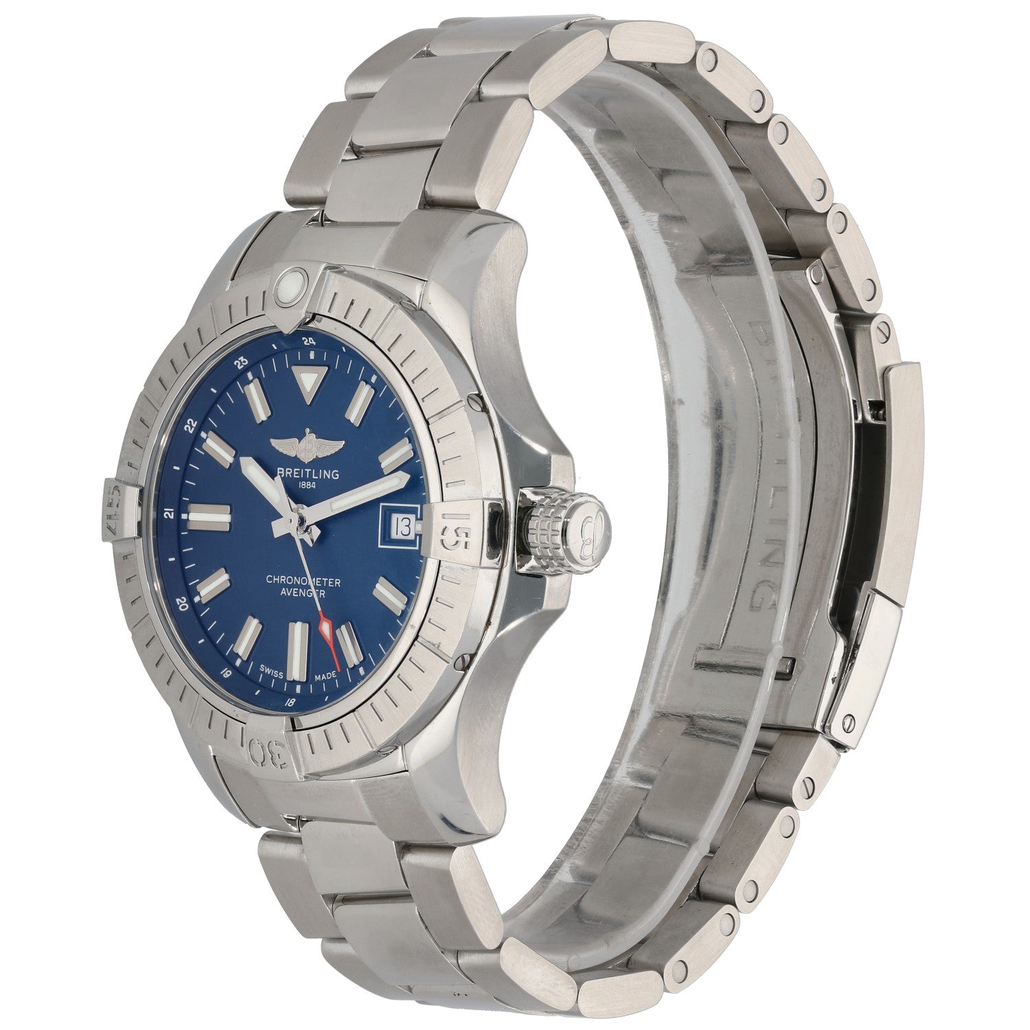 Stainless steel Breitling Avenger watch with blue dial, crown side view, steel link bracelet