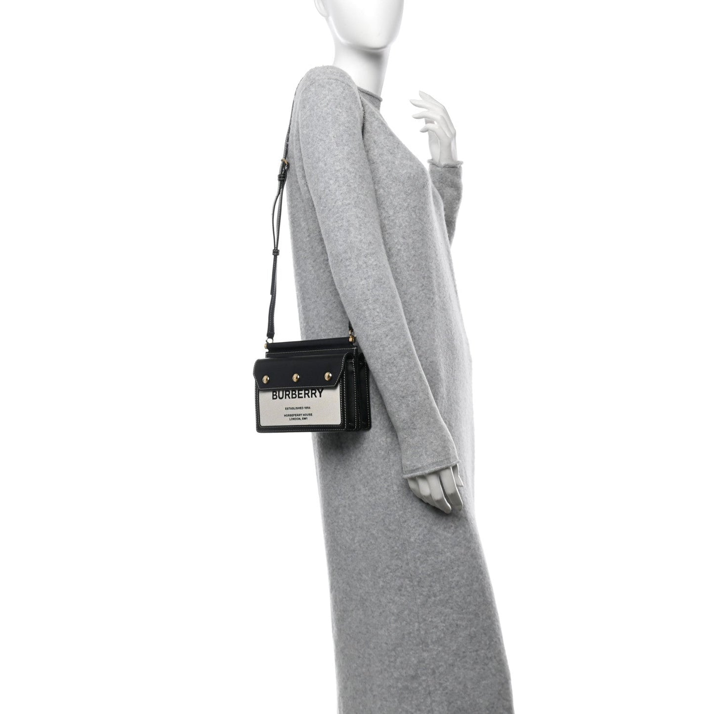 Burberry Mini Title Shoulder Horseferry Calfskin Leather & Canvas Bag - Black & Beige