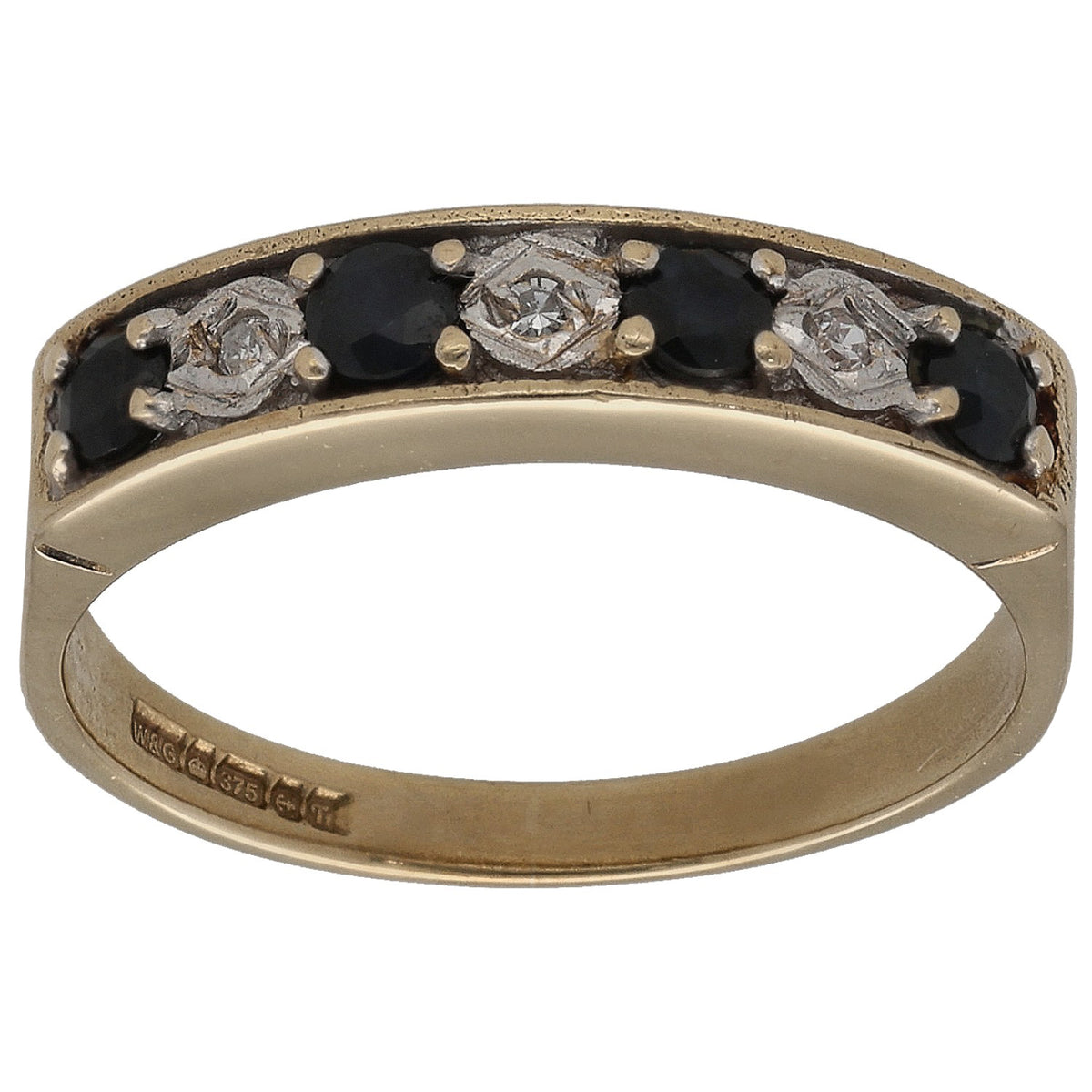 9ct gold half eternity ring with dark sapphire and round diamond accents, front view