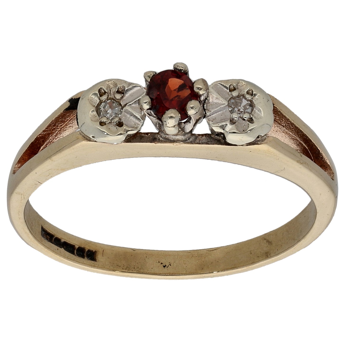 9ct Gold Garnet & 0.02ct Diamond Trilogy Ring Size N