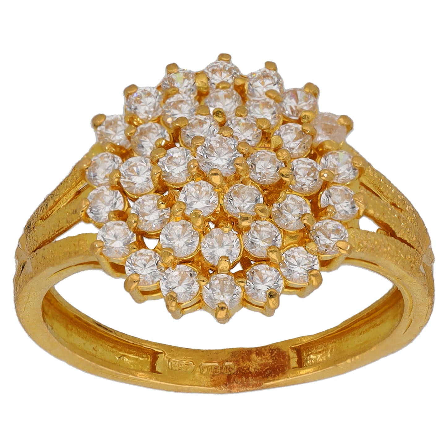 22ct Gold-tone ring with round clear CZ cluster across the top, open band detail