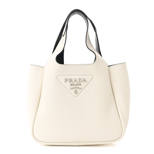 Prada Small Dynamique Tote Vitello Daino Leather Bag - White